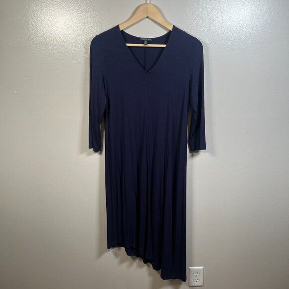Eileen Fisher Asymmetrical Midi Dress Size Small Navy Blue Minimal Lagenlook - Picture 1 of 7